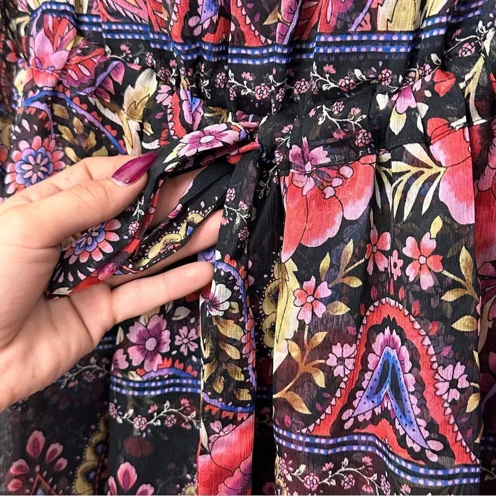 MISA Los Angeles Olivia Puff-Sleeve Floral Paisley Chiffon Midi Dress